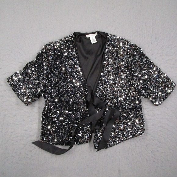 H&M Sweaters - HM Women Black Silver Sequin Bolero Shrug Cropped Ribbon Tie Jacket Small